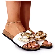 Klapki i japonki damskie - Klapki Na Korku Z Łańcuchem S.Barski SB002 Białe - miniaturka - grafika 1