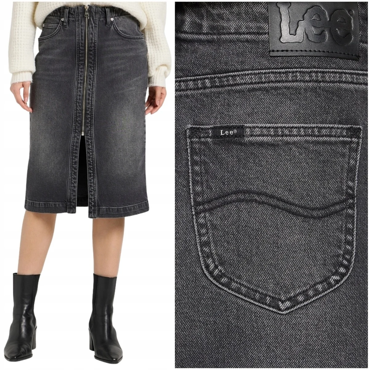 Lee Moto Skirt szara jeansowa spódnica rozcięcie z zamkiem z przodu W27