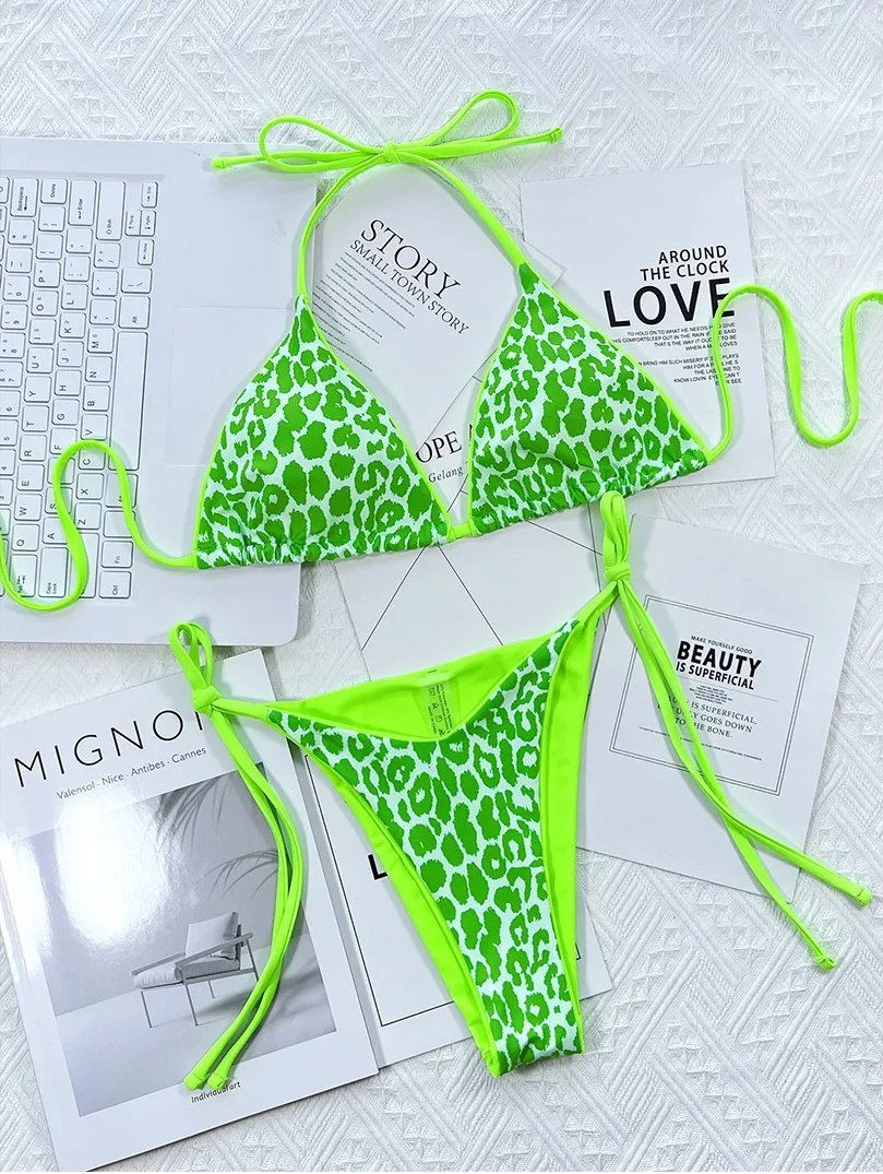 Strój Kąpielowy BIKINI Stringi Neon Wiązane Panterka - S
