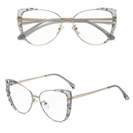 Okulary korekcyjne, oprawki, szkła - Damskie kocie okulary zerówki do komputera BLUE LIGHT z flexami 25136B szary/złoty - miniaturka - grafika 1