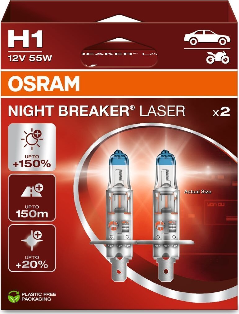 Osram OSRAM Automobilinės lemputės NIGHT BREAKER LASER +150% H1 55W 12V P14.5S 2vnt