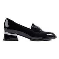 Mokasyny damskie - Czarne lakierowane półbuty damskie z klamrą Vinceza - miniaturka - grafika 1