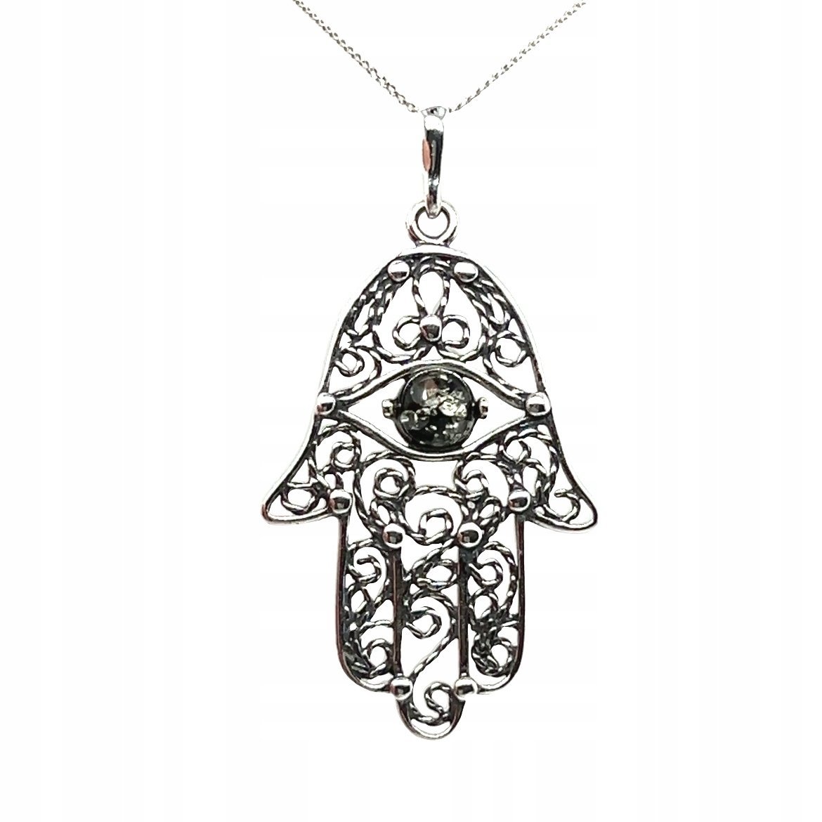 Wisiorek srebrny z bursztynem zielonym ZAWIESZKA ze srebra RĘKA FATIMY YT