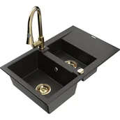 Zlewozmywaki z baterią - Mexen Gaspar zlewozmywak granitowy 1,5-komorowy z ociekaczem i baterią kuchenną Elia, czarny/złoty metalik - miniaturka - grafika 1