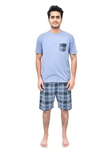 Koszulki męskie - Sleepdown Męska piżama 2-częściowa koszulka z krótkim rękawem i w kratkę krótki zestaw top spodnie odzież domowa bielizna nocna, Szary Niebieski, S - grafika 1