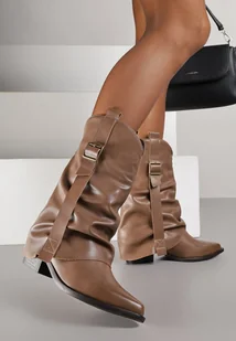 Brązowe Marszczone Botki Kowbojki z Cholewką Imitującą Nogawkę Ilosa - Botki damskie - miniaturka - grafika 1