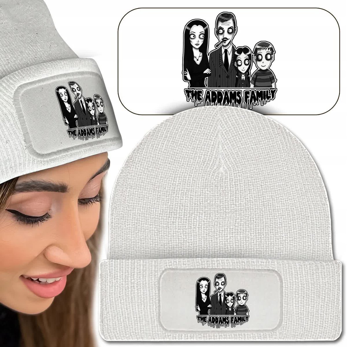 Ciepła Czapka Zimowa Biała THE ADAMS FAMILY Wzory