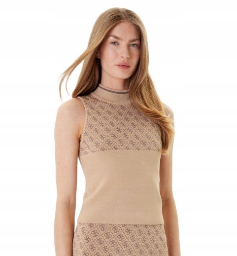 GUESS BEŻOWY SWETER Z OZDOBNYM WZOREM I PÓŁGOLFEM BEZ RĘKAWÓW M I3A