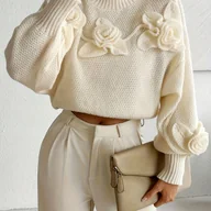 Swetry damskie - TEMU 1 szt. Sweter damski na jesień/zimę, aplikacja , wysoki kołnierz, długie rękawy, jednokolorowy, casual elegancki i uniwersalny, modna odzież - miniaturka - grafika 1