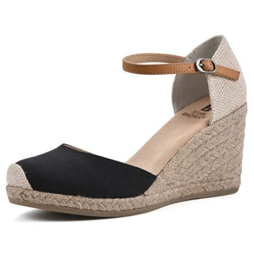 WHITE MOUNTAIN Damskie sandały mamba espadryle klin, Czarna tkanina - 37.5 EU