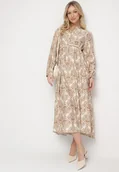 Sukienki - Beżowa Rozkloszowana Sukienka z Wiskozy w Ornamentalny Wzór Gonavina - miniaturka - grafika 1