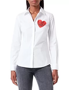 Love Moschino Damska koszulka slim fit z długim rękawem z nadrukiem czerwonego serca, optical white, 46 - Koszulki i topy damskie - miniaturka - grafika 1