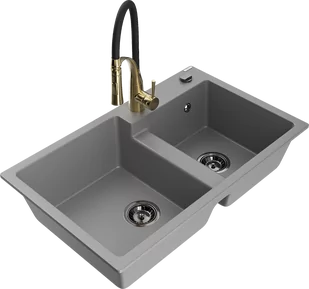 Mexen Tomas zlewozmywak granitowy 2-komorowy z baterią kuchenną Aster, szary - 6516-71-73450-57-B - Zlewozmywaki z baterią - miniaturka - grafika 1