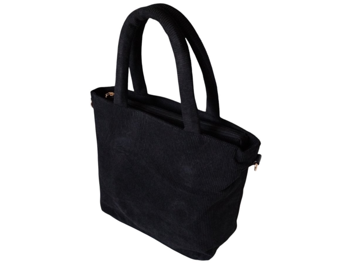 Sztruksowa Shopperka Damska z Uchwytami Na Ramię Czarna + Pasek