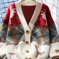 Swetry damskie - TEMU Elegancki Sweter-Kardigan dla Kobiet z Motywem Renifera i Brzozy – Kołnierz na Guziki, Biała Kurtka Zimowa Idealna Na Świąteczne Przyjęcia, - miniaturka - grafika 1
