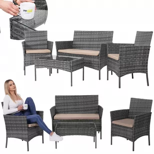 Meble ogrodowe technorattanowe komplet sofa, fotele i stolik ze szklanym blatem szare - Meble ogrodowe - miniaturka - grafika 1