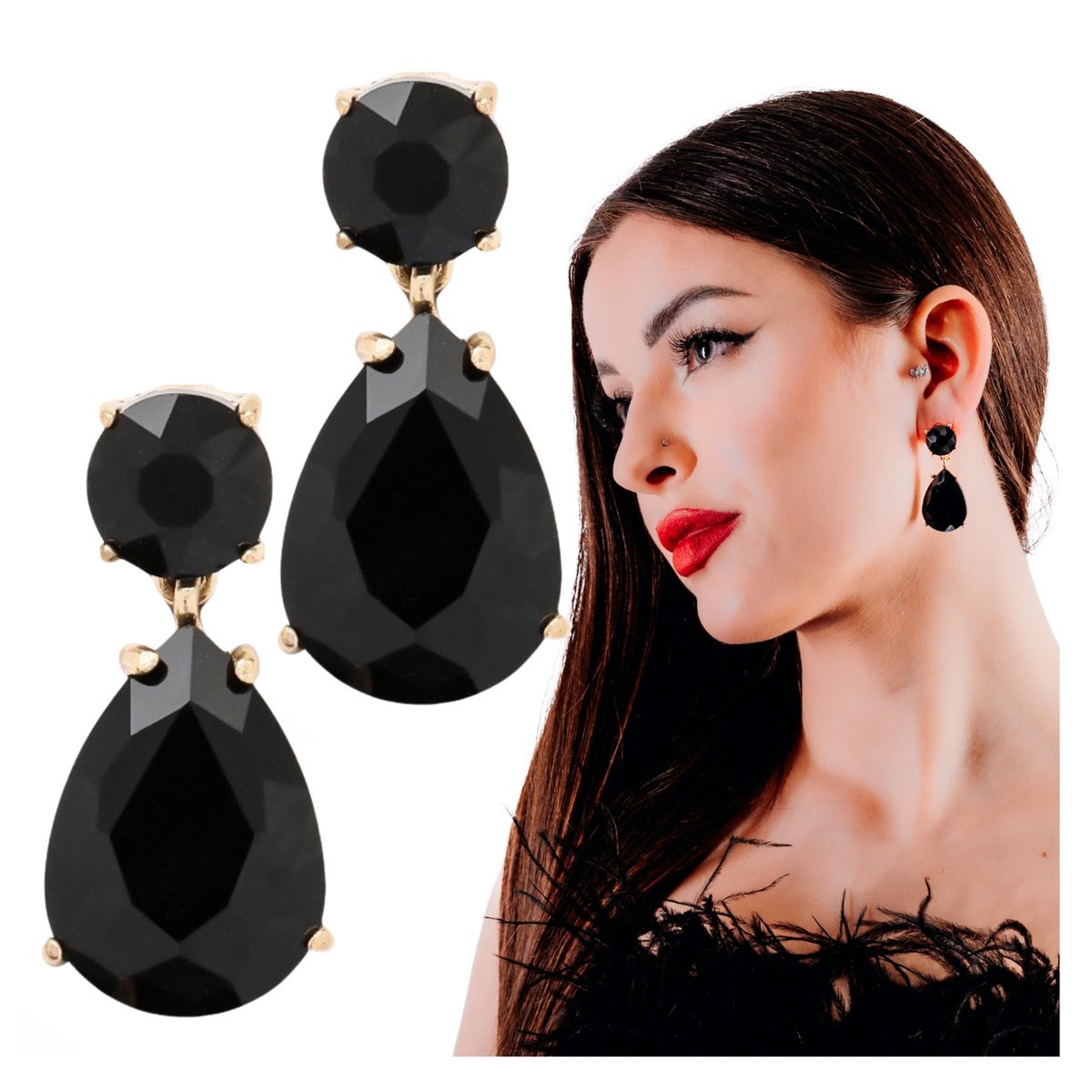 Kolczyki Wiszące Czarne Długie z Cyrkoniami Łezki Lekkie i Efektowne