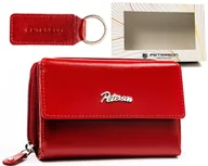 Portfele - PETERSON Mały portfel damski skórzany czerwony portmonetka na karty zatrzask i suwak zestaw prezentowy ochrona kart RFID - miniaturka - grafika 1