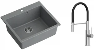 Quadron Zlewozmywak granitowy jednokomorowy 57*50*22 cm MORGAN 110 SILVER STONE ze stalowym odpływem z baterią GEMMA Q LINE SLIM z ruchomą wylewką kolor stal szczotkowana/czarny wąż - Zlewozmywaki z baterią - miniaturka - grafika 1