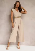 Kombinezony - Beżowy Długi Kombinezon z Trójkątnym Dekoltem i Ozdobnym Paskiem z Klamrą Malkah - miniaturka - grafika 1