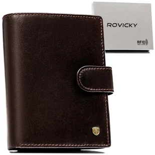 Duży skórzany portfel męski pionowy na zatrzask ROVICKY elegancki brązowy na prezent karty gotówka dokumenty rozbudowany ochrona RFID - Portfele - miniaturka - grafika 1