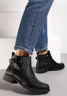 Botki damskie - Czarne Botki z Ekoskóry ze Zwierzęcym Motywem i Ozdobną Klamrą Avalone - miniaturka - grafika 1