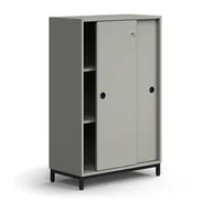 Szafy biurowe - Zamykana szafa przesuwna QBUS, 2 półki, nóżki, uchwyty, 1252x800x400 mm, czarny, jasnoszary - miniaturka - grafika 1