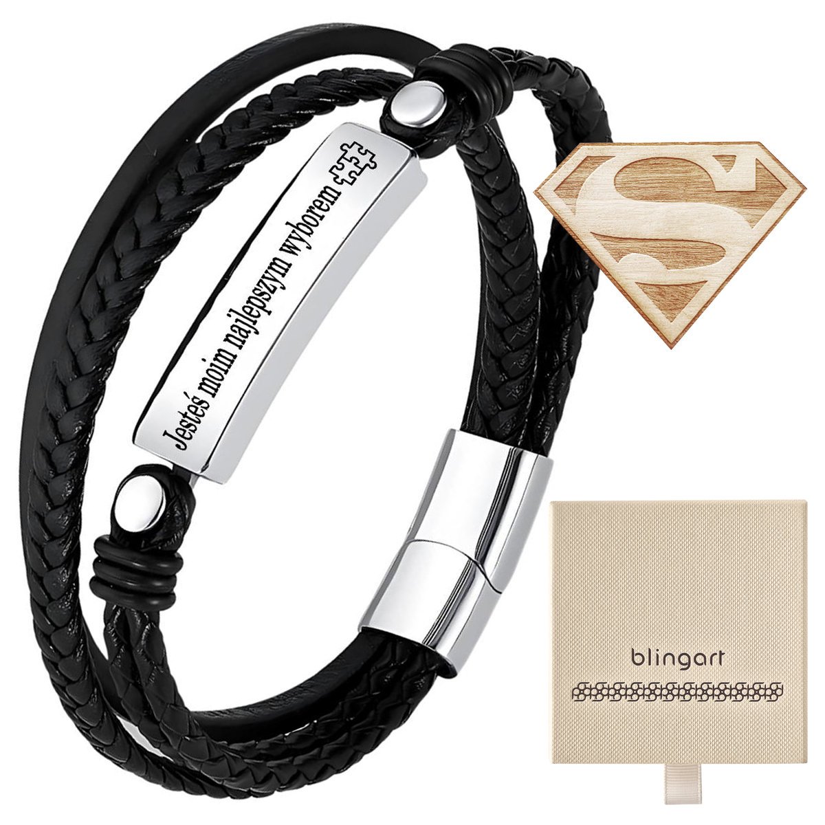 Bransoletka męska z grawerem potrójna czarna skóra