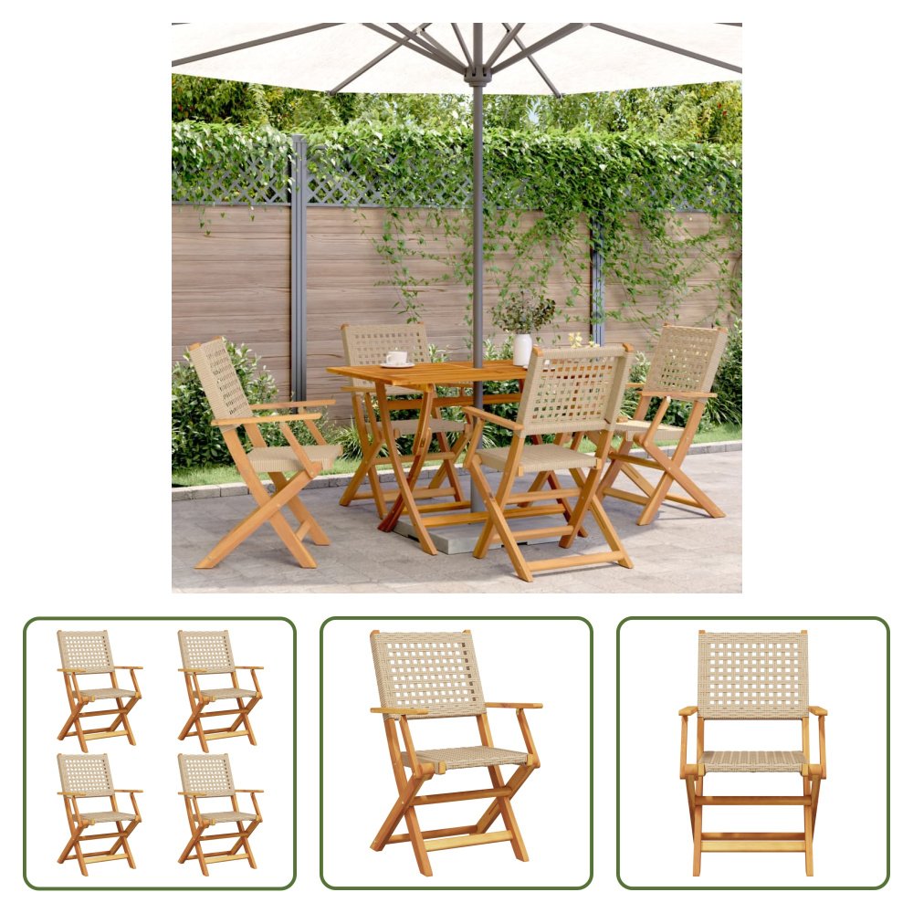 The Living Store Krzesła ogrodowe 4 szt. Składane Beżowy Poli Rattan i Lite Drewno