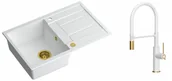 Zlewozmywaki z baterią - Quadron Zlewozmywak granitowy jednokomorowy 78*50*22 cm z ociekaczem MORGAN 111 SNOW WHITE ze złotym odpływem z baterią GEMMA Q LINE SLIM SNOW WHITE z ruchomą wylewką kolor biały mat/wykończenie złote/biały wąż - miniaturka - grafika 1