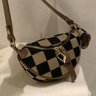 Torebki damskie - TEMU Stylowa Torba na Ramię z Regulowanym Paskiem, Brązowo-Czarna Kratka, Lekka Torba na Rękę, Mała Torba Przez Ramię Idealna do Codziennego Użytku – - miniaturka - grafika 1