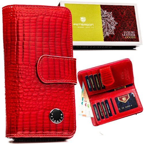 Czerwony portfel damski skórzany PETERSON rfid stop lakierowany pionowy na karty zatrzask i suwak