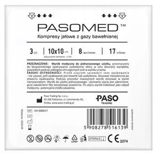 Paso Kompresy jałowe 10 x10cm 8-warstwowe 17-nitkowe x 3 szt pasomed - Apteczki i materiały opatrunkowe - miniaturka - grafika 1