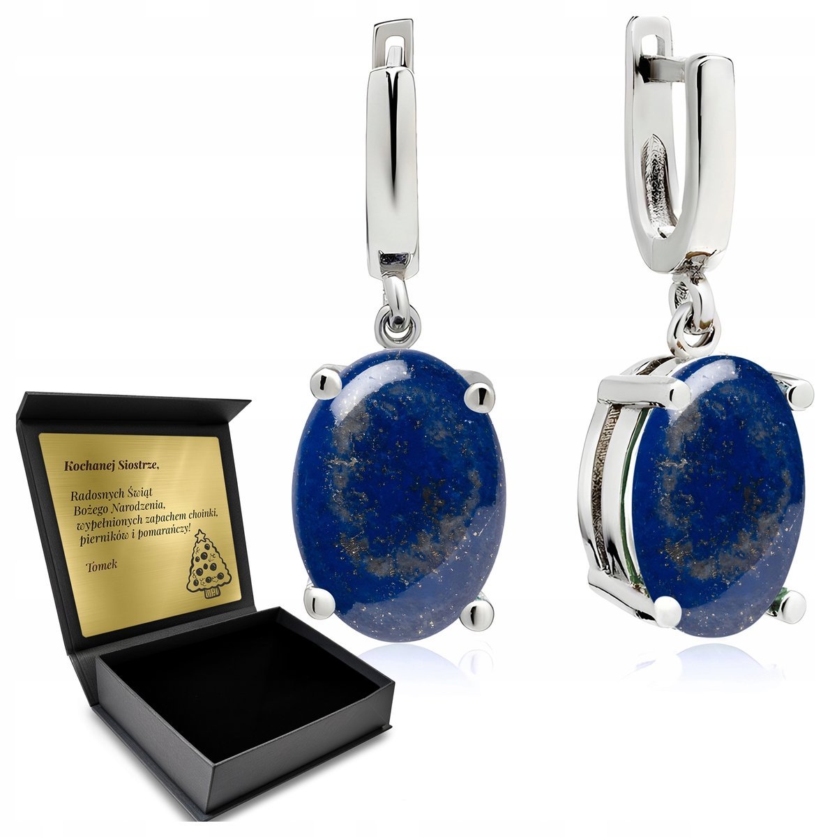Kolczyki Srebrne 925 Wiszące Z Kamieniem Lapis Lazuli Piękny Klejnot+Grawer