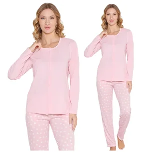 PIŻAMA DAMSKA BAWEŁNIANA MORELLA DŁUGI RĘKAW DŁUGIE SPODNIE ROZPINANA RÓŻOWA W KROPKI ELEGANCKA XXL - Piżamy damskie - miniaturka - grafika 1