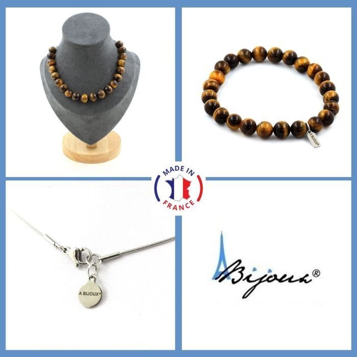 Kamienie i minerały. Komplet biżuterii Bransoletka Naszyjnik 20 Koralików Tygrysiego Oka 10 mm. Łańcuszek Możliwość dostosowania rozmiaru.