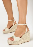 Sandały damskie - Beżowe Sandały na Koturnie z Juty i Kolorowej Nitki z Supełkiem z Przodu Turolia - miniaturka - grafika 1