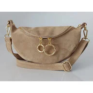 Torebki damskie - Włoska zamszowa listonoszka, nerka Vera Pelle złote okucia kółka Beżowa LN633T - miniaturka - grafika 1