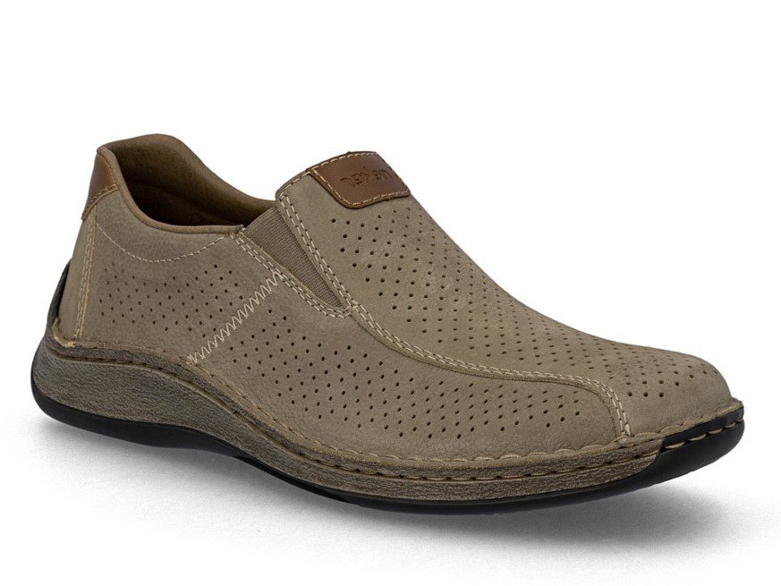 Półbuty męskie brązowe skórzane Rieker 05272-64 wsuwane szerokie ażurowe-43