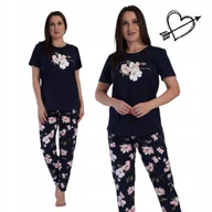 Piżamy damskie - PIĘKNA KWIATOWA PIŻAMA VIENETTA 48 50 4XL 5XL Granat Kwiat Komplet bawełna - miniaturka - grafika 1