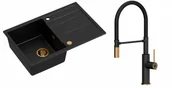 Zlewozmywaki z baterią - Quadron Unique Zlewozmywak granitowy jednokomorowy 78*50*22 cm z ociekaczem MORGAN 111 PURE CARBON z syfonem Push-2-Open w kolorze miedzianym z baterią GEMMA Q LINE SLIM PURE CARBON z ruchomą wylewką czarny mat/wyk miedź/czarny wąż- - miniaturka - grafika 1