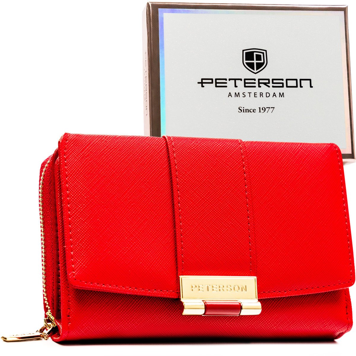 Mały portfel damski PETERSON elegancki na zatrzask i suwak rozbudowany na karty ochrona RFID czerwony
