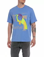 Koszulki męskie - Replay Męski T-shirt z krótkim rękawem z nadrukiem, Sky Blue 961, 3XL - miniaturka - grafika 1