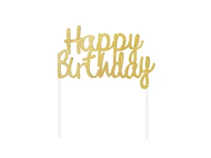 Topper na tort Happy Birthday złoty brokatowy - 14 cm - Ciasta i półprodukty do ciast - miniaturka - grafika 1