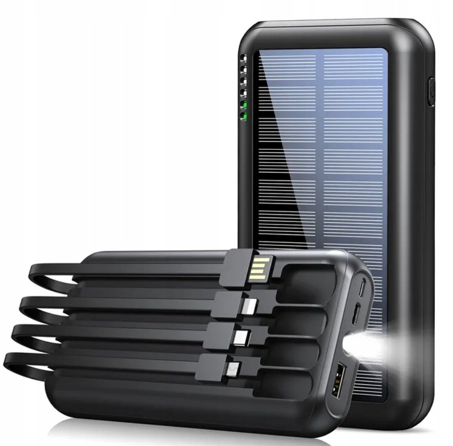 Solarny Powerbank Wbudowane Kable Latarka 20000mAh