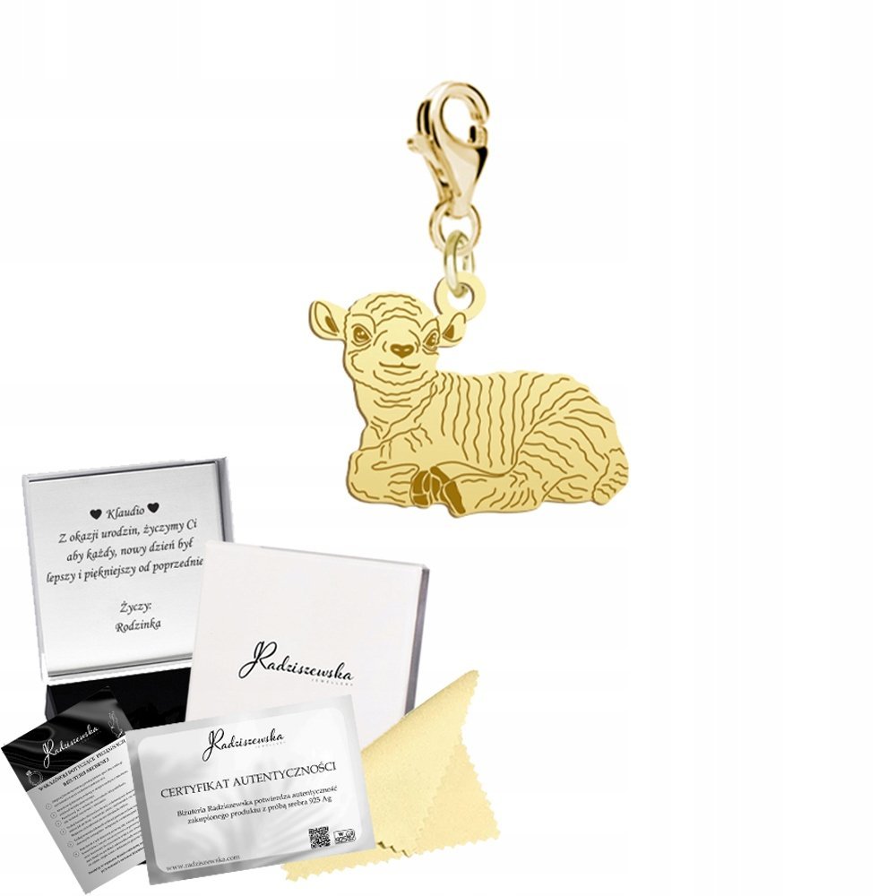 Charms Złoty Baranek Wielkanocny SREBRO 925 Prezent DEDYKACJA GRATIS