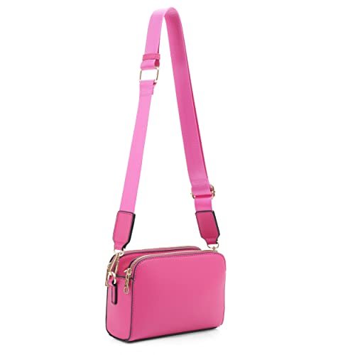 EVVE Torby crossbody dla kobiet modna potrójny zamek błyskawiczny mała torba na aparat crossbody, torebka z szerokim paskiem gitarowym, fuksja, Kompaktowe
