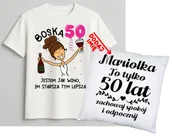 Gadżety dla niej i dla niego - Personalizowany zestaw prezentowy na 50 urodziny dla kobiety - KOSZULKA ORAZ poduszka z imieniem na 50 urodziny dla brunetki - miniaturka - grafika 1