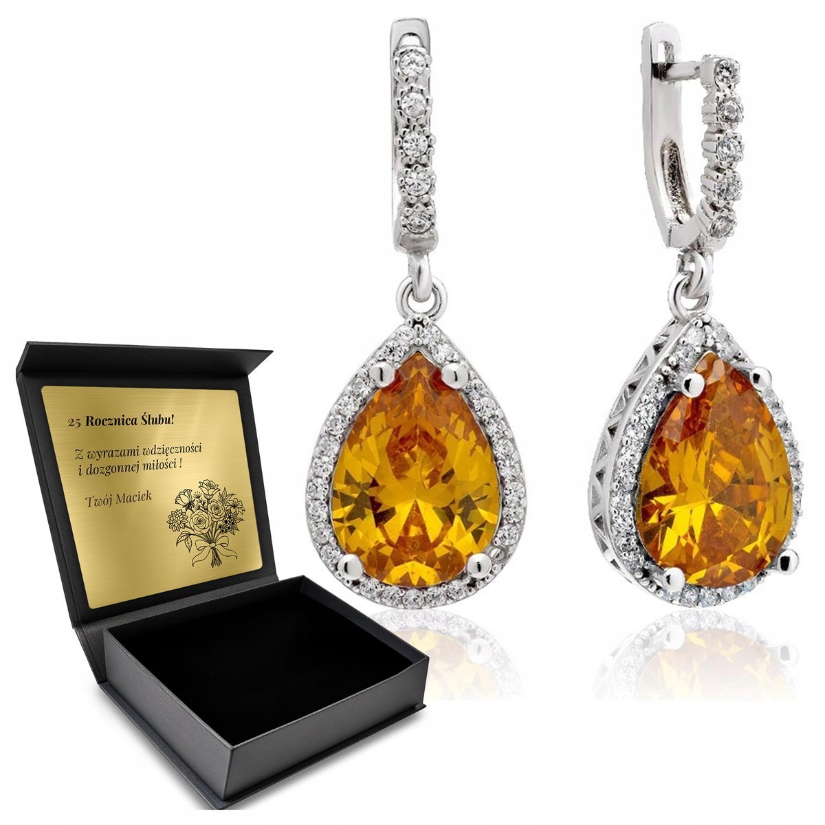 Kolczyki Srebrne 925 Cyrkonie Cytryn Biżuteria Dla Kobiety + Grawer