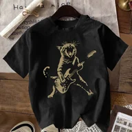 Bluzki damskie - TEMU Koszulka Damska z Krótkim Rękawem "Rockstar Kot Grający na Gitarze" - Czarno-Złota, Komfortowa na Festiwale Muzyczne i Codzień, Pranie w Pralce, - miniaturka - grafika 1